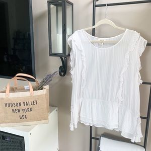 STYLE & CO White Pink Stripe Metallic Ruffle Top